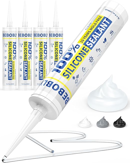 Silicone Caulk & Sealant Clear, 100% Waterproof Silicone Sealant, Shrink & Crack Proof, Silicone Caulking for Kitchen, Bathroom, RV, Interior & Exterior Use, 10.2 FL. OZ/300ML, 4 Pack