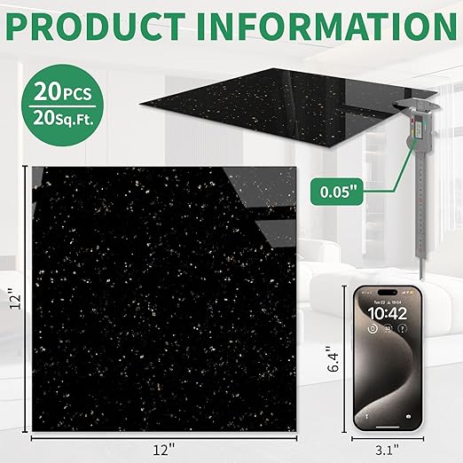 20-Pack 20 Sq.Ft Peel and Stick Floor Tiles Vinyl Glossy Pattern Flooring, 12” x 12” Self Adhesive Vinyl Flooring DIY for Kitchen, Bathroom, Laundry, Polish Black Galaxy Marble