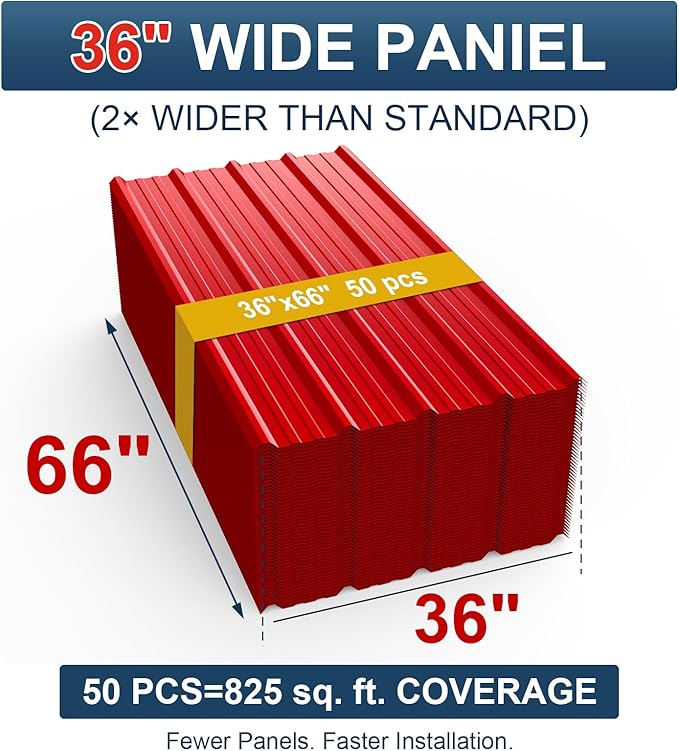 50 Pack PPGI Metal Roofing Panels, 66" x 36", 28 Gauge, 825 Sq. Ft. Coverage, Prepainted Galvanized Steel Sheets for Residential, Commercial, Pergolas, Gazebos, Fencing, and Patio Roofs（Red）