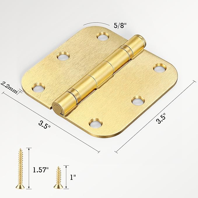 1 Pack Ball Bearing Door Hinges Satin Brass 3.5 Inch 5/8" Radius Round Anti Squeak Interior 3-1/2"Flat Iron Bifold Standard Office Bedroom Indoor for Doors 3 ½" Hardware Home House Decor Accessories