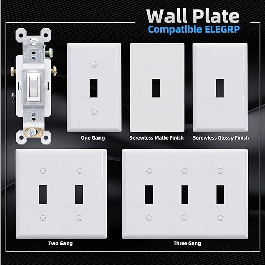 ELEGRP 3 Way Glossy Toggle Light Switch with Matte Mid Screwless Matte Plate, 15A 120V, Toggle Framed AC Quiet Switch, In Wall On/Off, Self-Grounding, Residential Grade, UL (5 Pack, White)