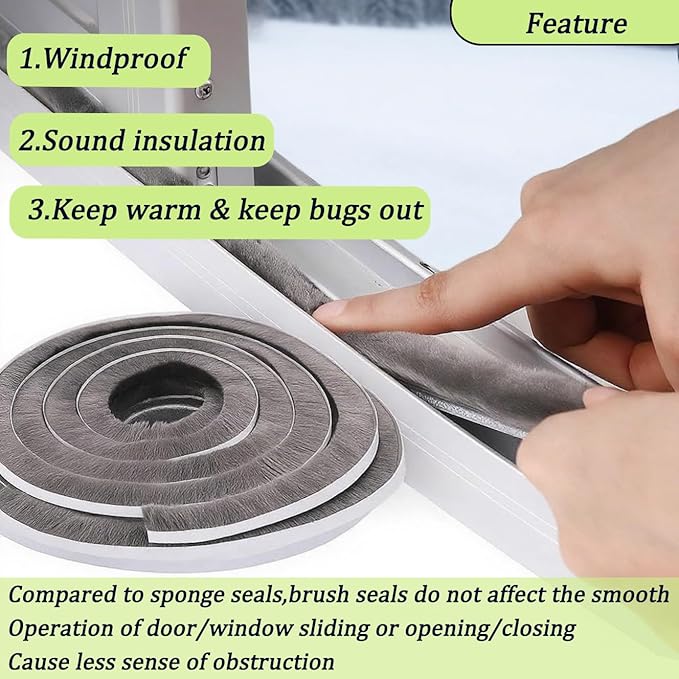 ZOMPAGO Strong Adhesive Brush Weather Stripping 2 Rolls 0.2in (T）x 0.4in (W) x 33FT, Door Seal for Sliding Windows & Doors,Soundproof Noise Blocker,Draft Stopper for Garage Door Frame & Exterior Doors