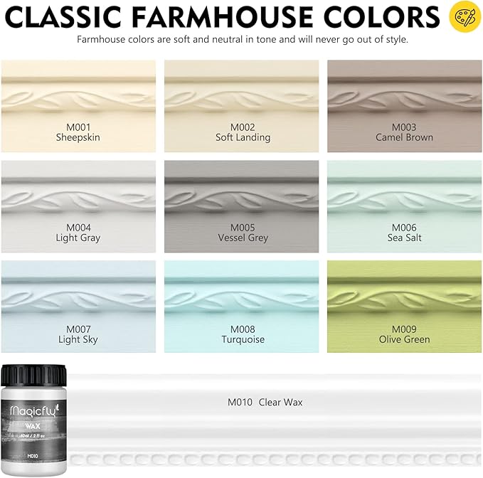 Magicfly 15 Pcs Chalk Furniture Paint Set, 9 Colors Ultra Matte Finish Acrylic Craft Paint Set (60 ml/2 oz) with 1 Liquid Wax, 2 Brushes, 3 Sandpapers, Perfect for Home Decor, Crafts-Farmhouse