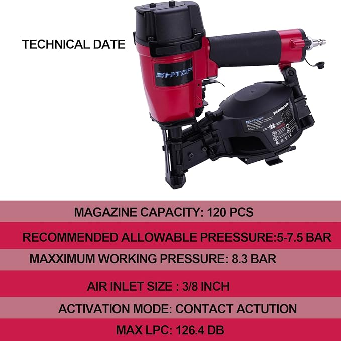 CN45N Roofing Nailer, 15 Degree Roofing Nail Gun, 3/4-Inch to 1-3/4-Inch Coil Nails, 120-pcs Load Capacity Coil Nailer in Red
