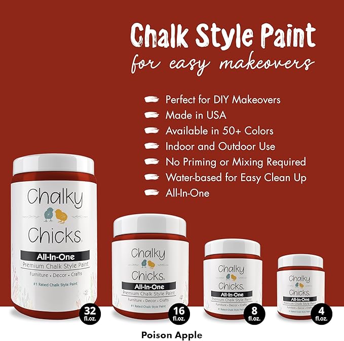 Chalky Chicks 4 Fl Oz Matte Poison Apple (Dark Red) Chalk Paint for Furniture Without Sanding - No Prep Furniture Paint No Sanding All in One for Crafts, Wood, Cabinet, Metal, Dresser, Farmhouse