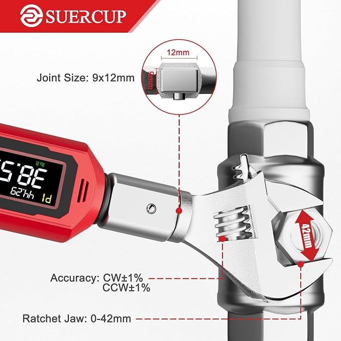 9x12 mm Adjustable Digital Torque Wrench, 0.66-44.29Ft.Lb/0.9-60N.m | Interchangeable Open End Head 42mm Jaw & 3/8" Ratchet, Vibration/Buzzer/LED Alert, for Split AC, HVAC, Bike & Moto Repair
