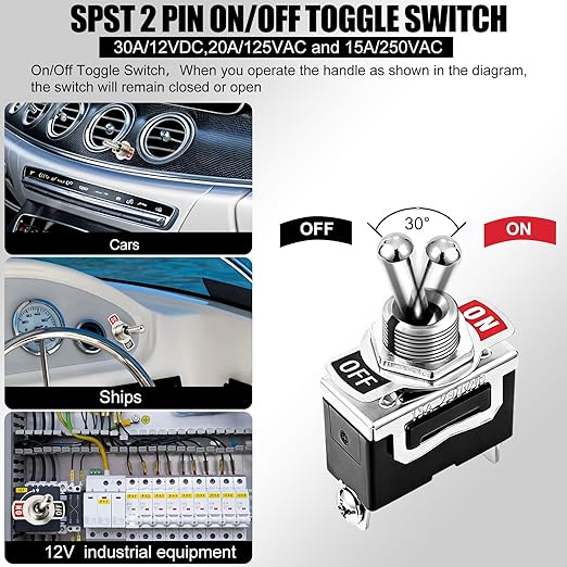 12V Waterproof Toggle Switch,Durable SPST 2Pin 20A 125V AC/ 15A 250V AC Heavy Duty ON/Off Switch with Waterproof Cap Terminals，Suitable for Automotive Boat Truck–Pack of 5