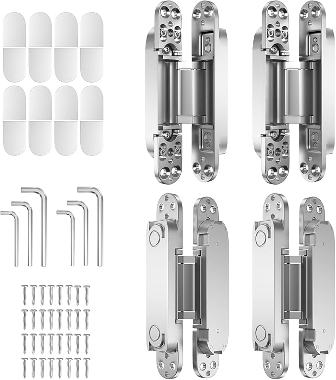 4-Pack 7 inch Hidden Hinges for Doors Invisible Hinges Concealed Zinc Alloy 180 Degree Swing 3 Way Adjustable Butt Silent Door Hinge 7 x 2.8 x 1 inch (Silver)