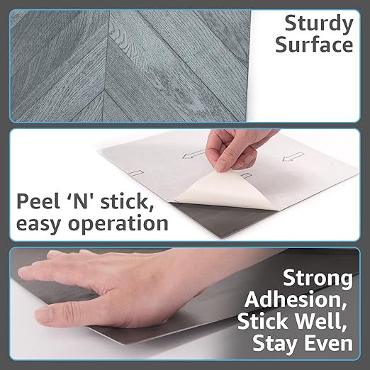 Art3d 30-Pack Herringbone Peel and Stick Vinyl Floor Tiles, 12" x 12" Self Adhesive Waterproof Wood Flooring Plank for Kitchen Bathroom Bedroom, Cover 30 Sq. Ft, Grey