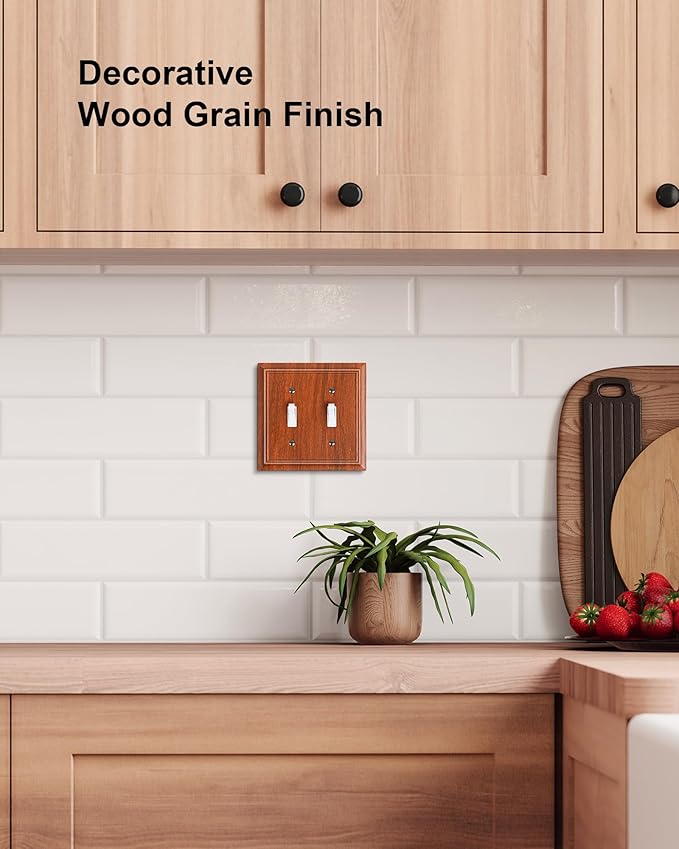 2-Pack Double Toggle Light Switch Cover Plate, Durable Natural Bamboo Fiber Decorative Switch Plate Covers, Wood Grain 2 Gang Wall Plate, Corrosion Resistant