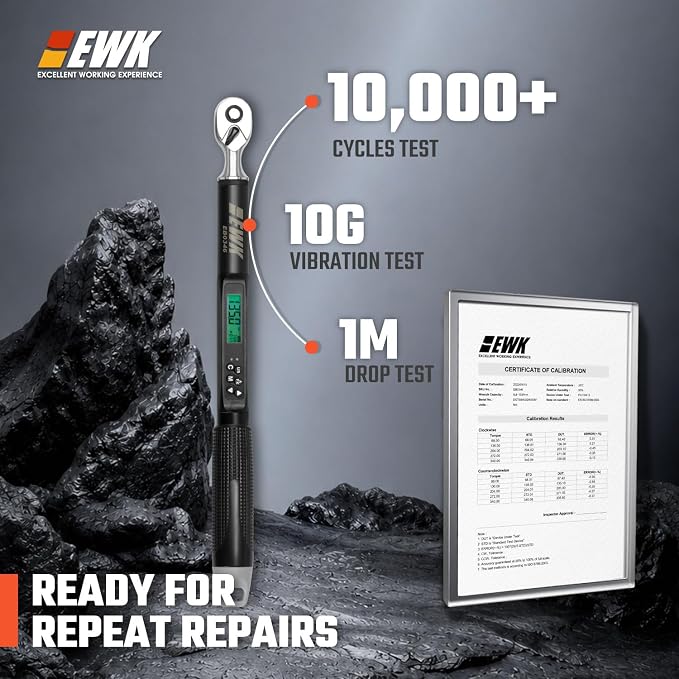 EWK 3/8" Drive Digital Angle Torque Wrench 5-100 ft-lbs (6.8-135 Nm) | ISO 6789, ±1.5% clockwise / ±2.5% counterclockwise/ ±2% Angle, LCD Display, LED Buzzer Vibration Alert, 30 Memory Values