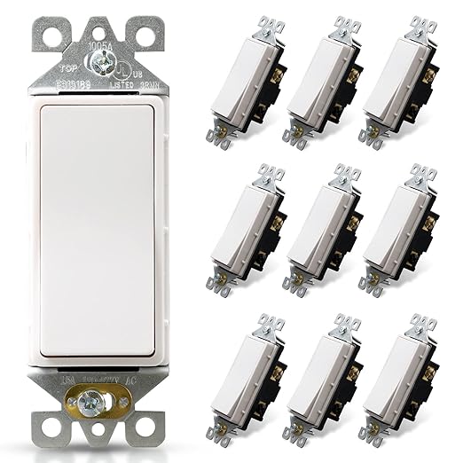 ELEGRP 3 Way Decorative Light Switch, 15Amp, 120-277 Volt, AC Decorator Rocker Paddle Wall Switch Replacement, Self-Grounding, Residential and Commercial Grade, UL Listed (10 Pack, Glossy White)