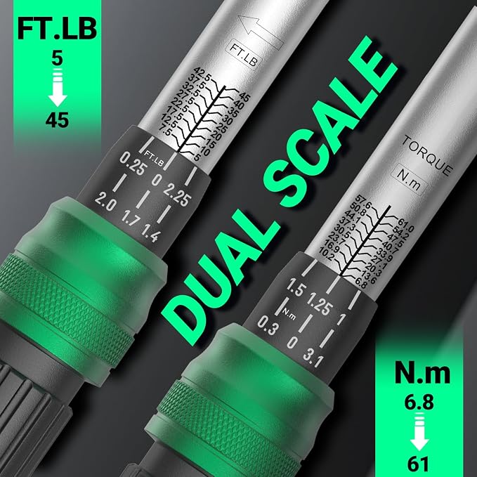 3/8" Drive Click Torque Wrench, 5-45 Ft-Lb/6.8-61Nm Dual-Direction Adjustable 72 Tooth Ratchet, ±3% Accuracy Precisio Low Torque Wrench for Spark Plugs, Bike, Motorcycle and Car Repair