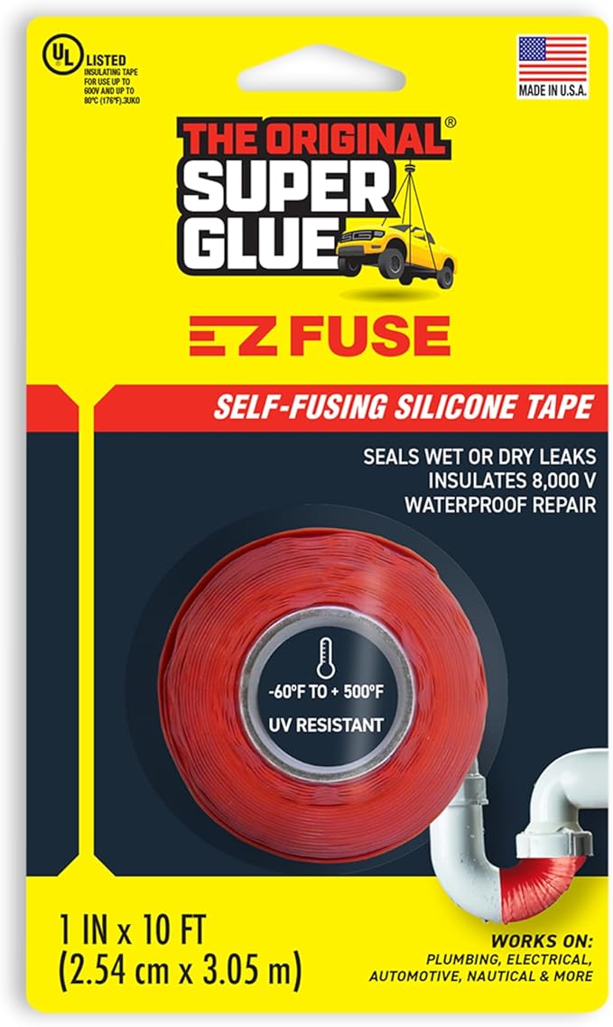 Super Glue Red E-Z Fuse Tape, Silicone Self-Fusing Tape, Insulates up to 8,000 Volts, Permanent & Flexible, Works Wet or Dry, High-Temperature Range (-60°F to +500°F), Ideal for Repairs & Sealing `