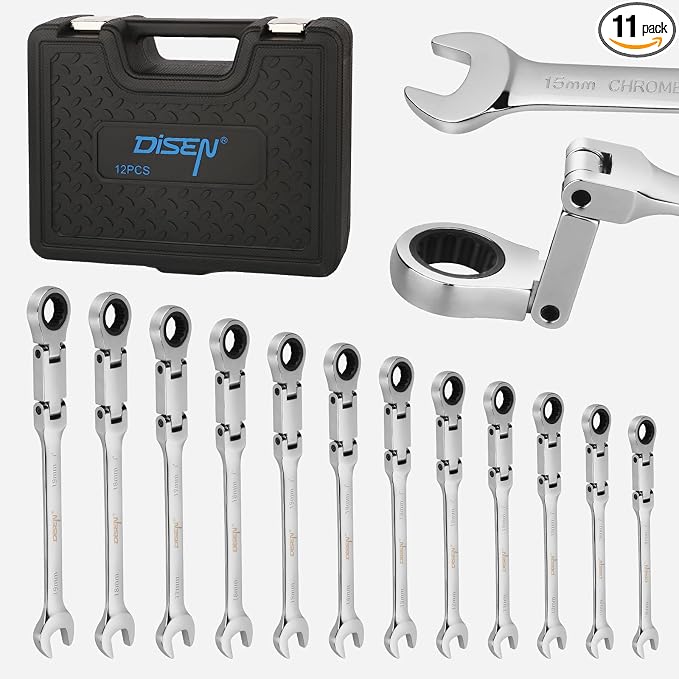 DISEN 12pcs Ratchet Wrenches Set Double Jointed, Metric Flex Head Ratcheting Wrench Set 8-19mm, Open End & Box End Combination Wrench, 72-Teeth, Cr-V Steel, with Heavy Duty Case