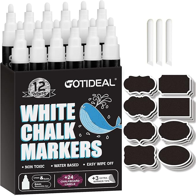 GOTIDEAL White Liquid Chalk Markers, 12 Pack Chalkboard Markers, Chalk Pens for Car Windows, Signs, Blackboard, Glass Painting, Erasable 6mm Reversible Chisel & Bullet Tip