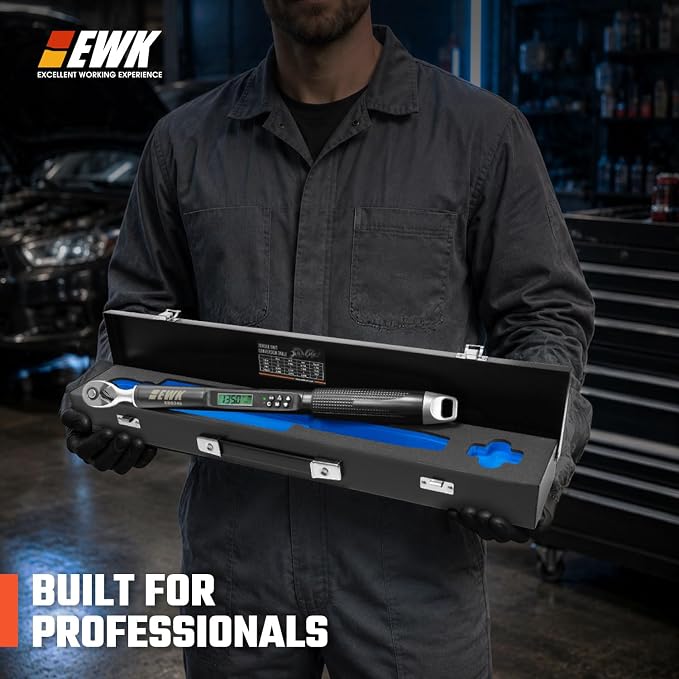 EWK 3/8" Drive Digital Angle Torque Wrench 5-100 ft-lbs (6.8-135 Nm) | ISO 6789, ±1.5% clockwise / ±2.5% counterclockwise/ ±2% Angle, LCD Display, LED Buzzer Vibration Alert, 30 Memory Values