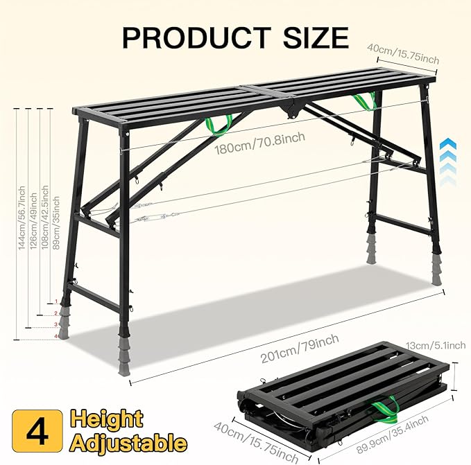 Foldable Scaffolding Platform 70.8 x 15.8 in Portable Work Platform Adjustable Height 35.4" to 57.5" Heavy Duty 800 lbs Capacity Industrial Ladder for Painting, Wiring, Home Improvement