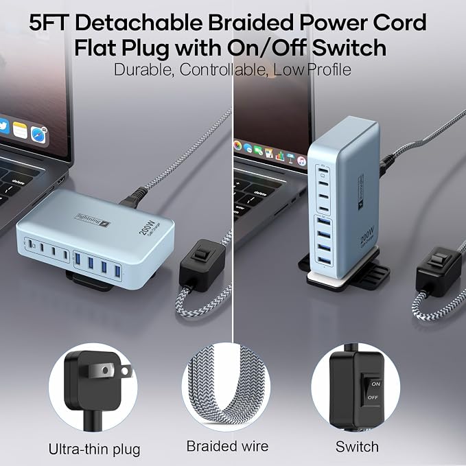8-Port Multi Charging Stations 200W with Flat Plug, Braided Power Cord, and On/Off Switch- USB Charging Hub for iPhone, iPad, MacBook and More- 65W C Port Power Adapter for Laptops