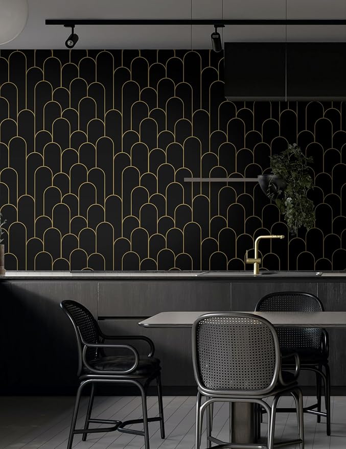 Yasinet Peel and Stick Wallpaper Black and Gold Wallpaper Modern Geometric Contact Paper for Bedroom Black Removable Self Adhesive Waterproof Wall Paper for Bathroom cabinets Vinyl 17.3”x393.7”
