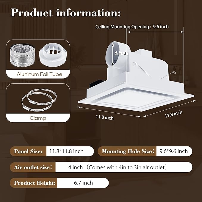 12" Ultra Quiet Bathroom Exhaust Fan with 6500K LED Light, 1.0 Sone 120 CFM, 10x10 Mount, 1500 LM Ceiling Ventilation Fan, Energy Efficient (3500K LED-C)
