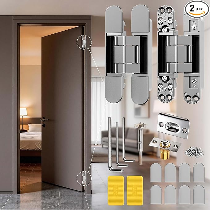6inch Hidden Door Hinge,Concealed Hinges,Hidden Door Hardware kit,Invisible Door Silent 180 Degree Swing Hinge 3-Way Adjustable Butt 6 x 2.5 x 1inch (Silver, 7 inches)