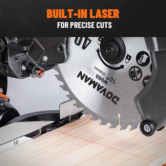 DOVAMAN Updated 10-Inch Sliding Miter Saw, Multi-Material Cutting w/ 3 x TCT Blades, Ambidextrous Operation, 5000/3200RPM Speed, Laser Guide, 0-45° Bevel Cut, Max Cut 3.5x13.4in, 9 Positive Stops