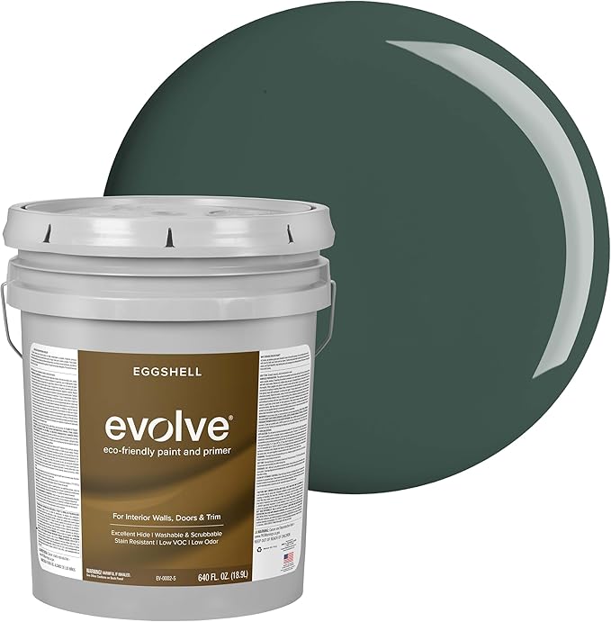 EVOLVE Interior Paint & Primer, Eggshell (Green Pine), 5 Gallon – One-Coat Coverage, Excellent Hide, Low VOC, Low Odor, Washable Paint for Walls, Doors & Trim