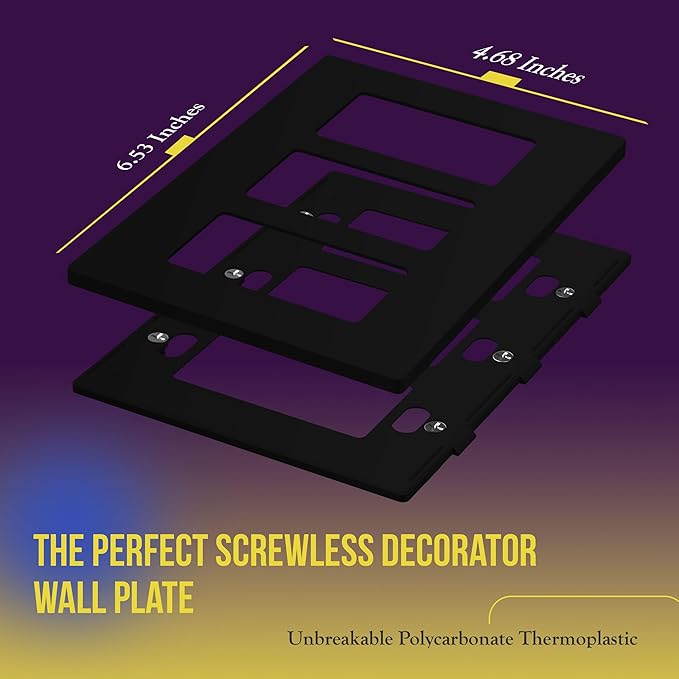 ENERLITES - SI8833-BK-STICKER Screwless Decorator Wall Plates Child Safe Outlet Covers, Size 3-Gang 4.68" H x 6.53” L, Unbreakable Polycarbonate Thermoplastic, SI8833-BK, Glossy, Black
