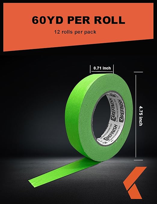 KREFINISH Painters Tape for Car - Green No Residue Automotive Masking Tape - Heat Resistant for Paint Booth, 0.7 Inches X 60 Yards, 12 Rolls
