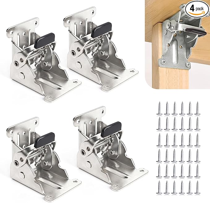 4 Pack Locking Hinge for Folding Leg Brackets,Heavy Duty Folding Brackets 90 Degree Self Locking Folding Hinge for Table Legs Furniture（Silver）