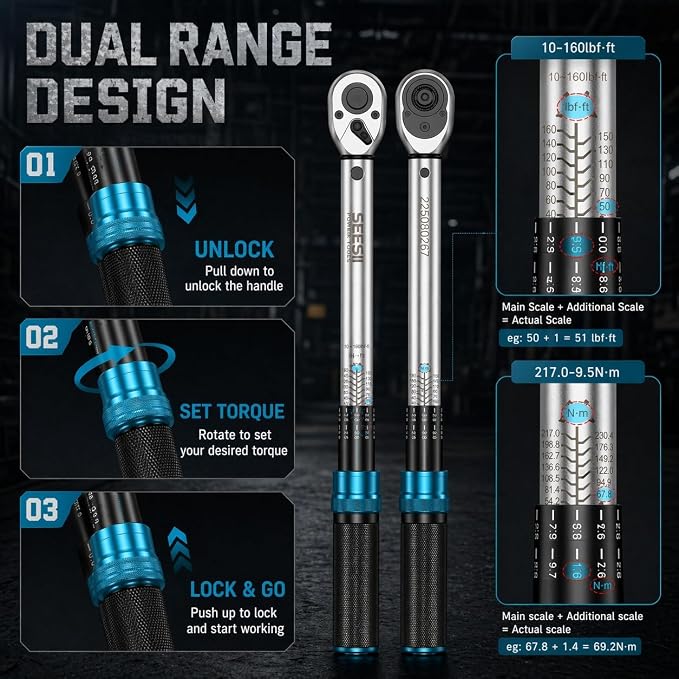 Seesii Torque Wrench Set 1/4" 3/8" 1/2" Drive | ±3% Accuracy, Click Type Torque Wrench Kit with Adapters for Car, Motorcycle, Bike Repair