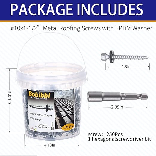 Metal Roofing Screws 10 x 1-1/2 inch, Hex Head Sheet Metal Roof Screw with EPDM Washer for Corrugated Roofing (250Pcs)