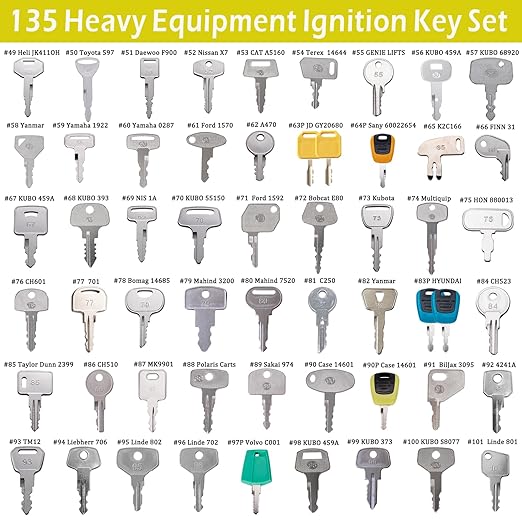 135PCS All-Inclusive Heavy Equipment Keys Master Set, Full Coverage Keys for JCB Bobcat JLG Terex Cat Komatsu John Deere Yammar Takeuchi Ford New Holland Case Daewoo Kubota Hyster Construction Machine