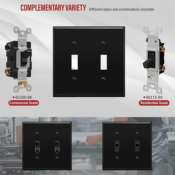 ENERLITES Double Toggle Switch Cover, Two Gang Light Switch Wall Plate, Standard Size 2-Gang 4.5" x 4.5", Unbreakable Polycarbonate Thermoplastic, UL Listed, 8812-BK, Black