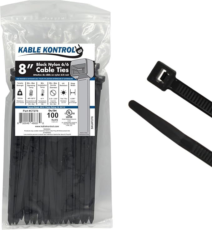 Kable Kontrol Heavy Duty Cable Zip Ties 100 Pcs 8 Inch Black, 120 Lbs Tensile Strength, Self-locking UV Resistant Plastic Nylon Wire Ties, for Indoor or Outdoor Use