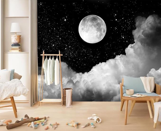 YIHWM-Peel and Stick Galaxy Wallpaper Moon Clouds Black Starry Sky Mural | Tear-resistant,with a substantial feel;Will not be damaged during repositioning.Boy's Room,kids room wallpaper.L-137"x96"