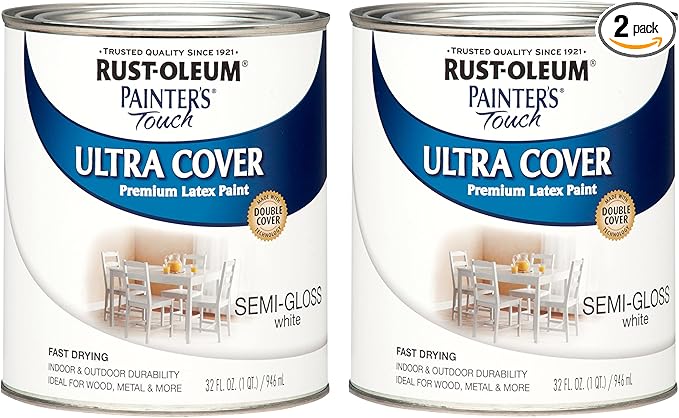 Rust-Oleum 1993502 Painter's Touch Latex Paint, Semi-Gloss White, 1 Quarts (Pack of 2)
