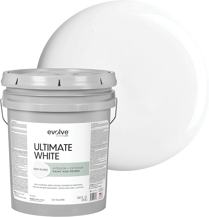 EVOLVE Ultimate White Paint & Primer in One, Semi-Gloss White, 5 Gallon – Interior & Exterior, One-Coat Coverage, Excellent Hide, Low Odor, Low VOC, Washable Paint for Walls, Ceilings & Trim