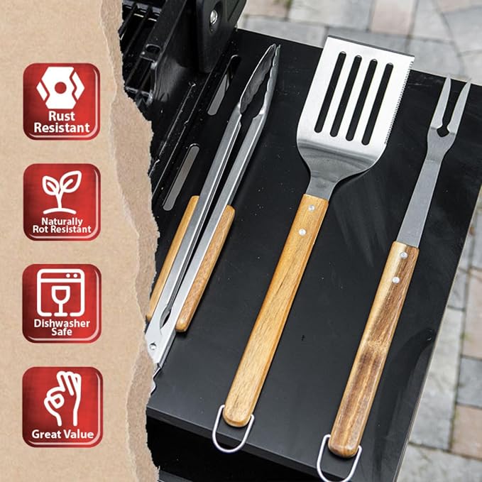 Pro BBQ Metal Spatula - 17" Barbecue Spatula Stainless Steel with Serrated Knife Edge - Acacia Wood Handle - Heavy Duty Built to Last