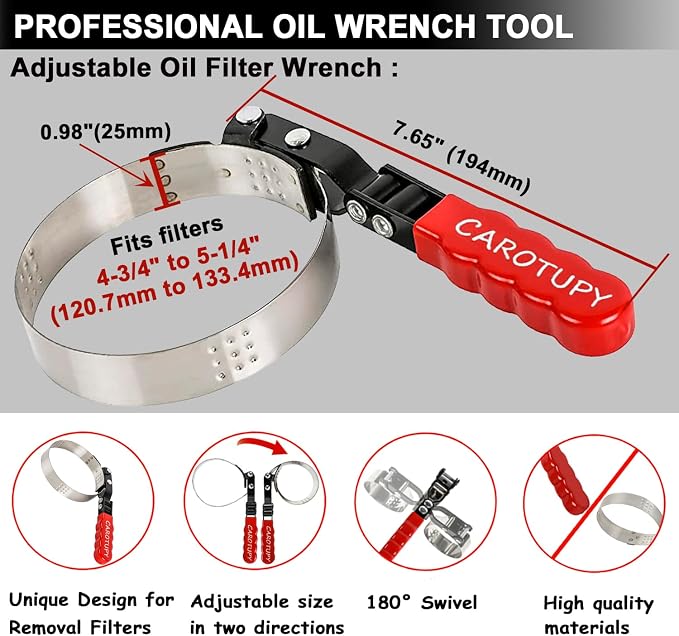 Extra Large Swivel Oil Filter Wrench, Oil Filter Removal Tool | Universal Filter Wrench 4-3/4" - 5-1/4", Stainless Steel, Double Layer Riveted Structure, Swivel 180°, Non-slip Handle