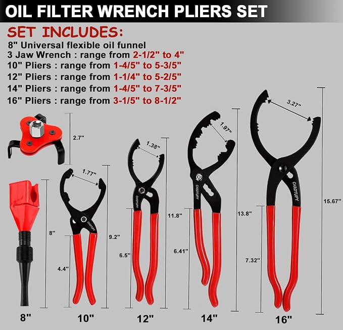 Oil Filter Wrench Set, Adjustable Oil Filter Pliers Set (6Pcs) | Universal Oil Filter Removal Tool 1-1/4" - 8-1/2", Adjustable 3-Jaw Oil Filter Wrench, Small Snap-On Oil Funnel