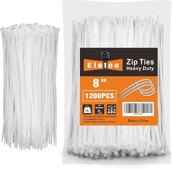 8 Inch White Zip Ties 1200 Pack, 35 LBS Tensile Strength, Self-Locking Nylon UV Resistant Cable Ties for Indoor and Outdoor