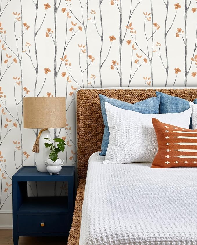 Timeet Boho Peel and Stick Wallpaper Floral Wall Paper Tree Contact Paper White and Orange Clearance Removable Self Adhesive Thicken Eco-Friendly Deacoral Bedroom Bathroom 16.14"x78.7"