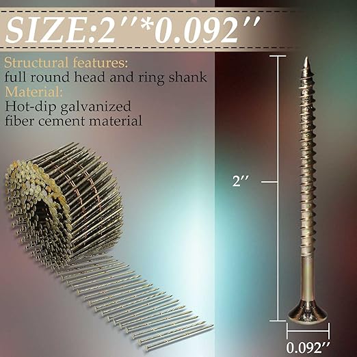 Hotop 3600 Count Siding Nails, 15-degree Wire Collated Coil Siding Nails, Full Round Head Mild Steel Nail for Sheathing Decking Fencing Attachment Replacement Parts(2 Inch)