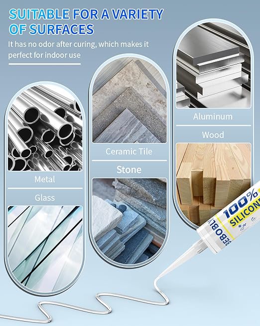 Silicone Caulk & Sealant Clear, 100% Waterproof Silicone Sealant, Shrink & Crack Proof, Silicone Sealant Caulking for Kitchen, Bathroom, RV, Interior & Exterior Use, 10.2 FL. OZ/300ML, 12 Pack