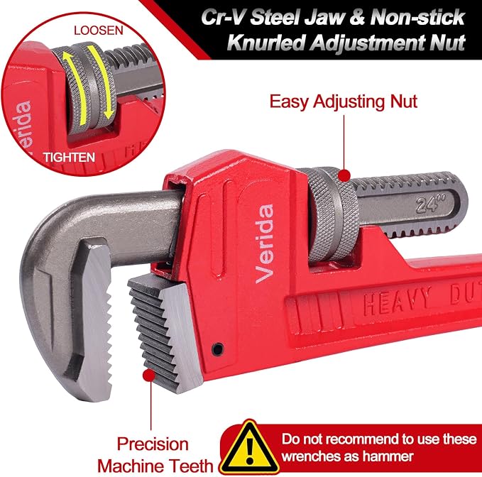 Verida Pipe Wrench 14 Inch, Plumbers Wrench, Chrome Vanadium Steel, Hardness 62HRC, for Water Pipes, Plumbing, Fire Protection Pipe Tools
