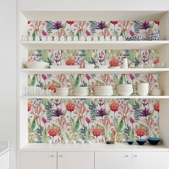 Watercolor Purple/Red/Green Grass Wildflower Floral Peel and Stick Wallpaper Wall Decor Self Adhesive Wall Paper Stick on Easy Peel Off Contact for Renter Apartment
