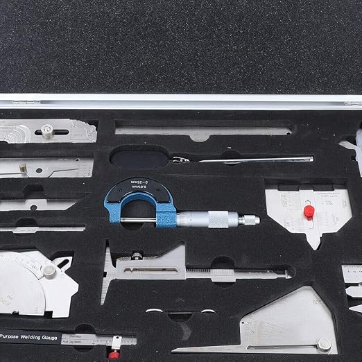 13 Pcs Welding Gauge Tool Kit Gage Weld Inspection Gauge with Easy Carry Suitcase, Stainless Steel Gage Weld Measuring Tools Box with 0-150mm Ruler, Fillet Welding Gauge, Micrometer, Inspection Mirror