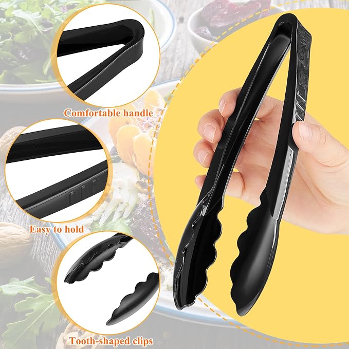 Tessco for you 80 Pcs Plastic Tongs for Serving Bulk, 9 Inch Plastic Disposable Serving Tongs, Heavy Duty Salad Tong for Kitchen, Buffet, BBQ, Events & Catering (Black)